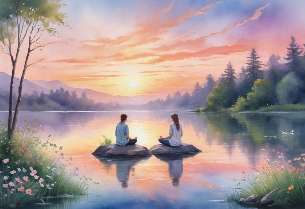 A serene landscape featuring a tranquil lake reflecting soft pastel colors of a sunset, surrounded by lush greenery and blooming flowers. In the foreground, a person sitting cross-legged on a stone, meditating with a gentle aura of light around them, symbolizing inner peace and self-discovery. Ethereal elements like floating wisps of light or soft feathers drifting in the air add to the calming atmosphere. watercolor painting. soft colors. mystical ambiance.
