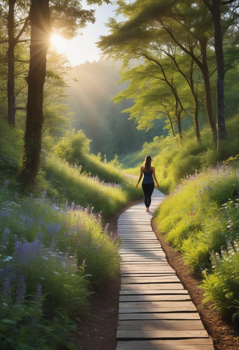 A serene landscape featuring a winding path leading through lush green forests, symbolizing a journey. In the foreground, a silhouette of a woman practicing yoga, embodying peace and balance. Vibrant wildflowers bloom along the path, representing happiness and beauty. Soft sunlight filters through the trees, creating a warm, inviting atmosphere that inspires tranquility. super-realistic. vibrant colors. peaceful ambiance.
