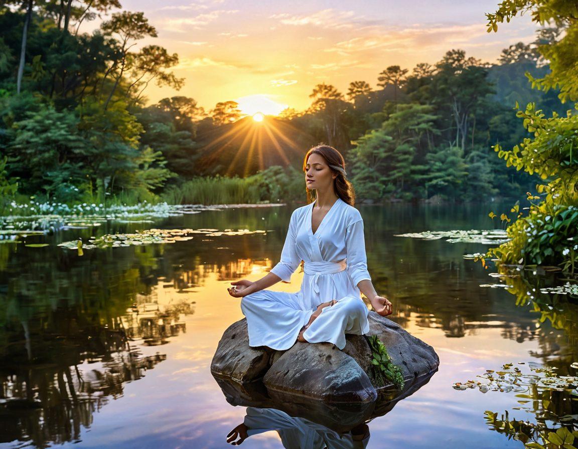 A serene landscape depicting a sunrise over a tranquil lake, with Nadine, a joyful woman in flowing white attire, meditating on a rock surrounded by lush greenery and blooming flowers. Soft rays of sunlight illuminate her peaceful expression, symbolizing inner bliss and harmony. Gentle ripples on the water reflect the vibrant colors of the dawn, evoking a sense of tranquility and joy. super-realistic. vibrant colors. peaceful atmosphere.